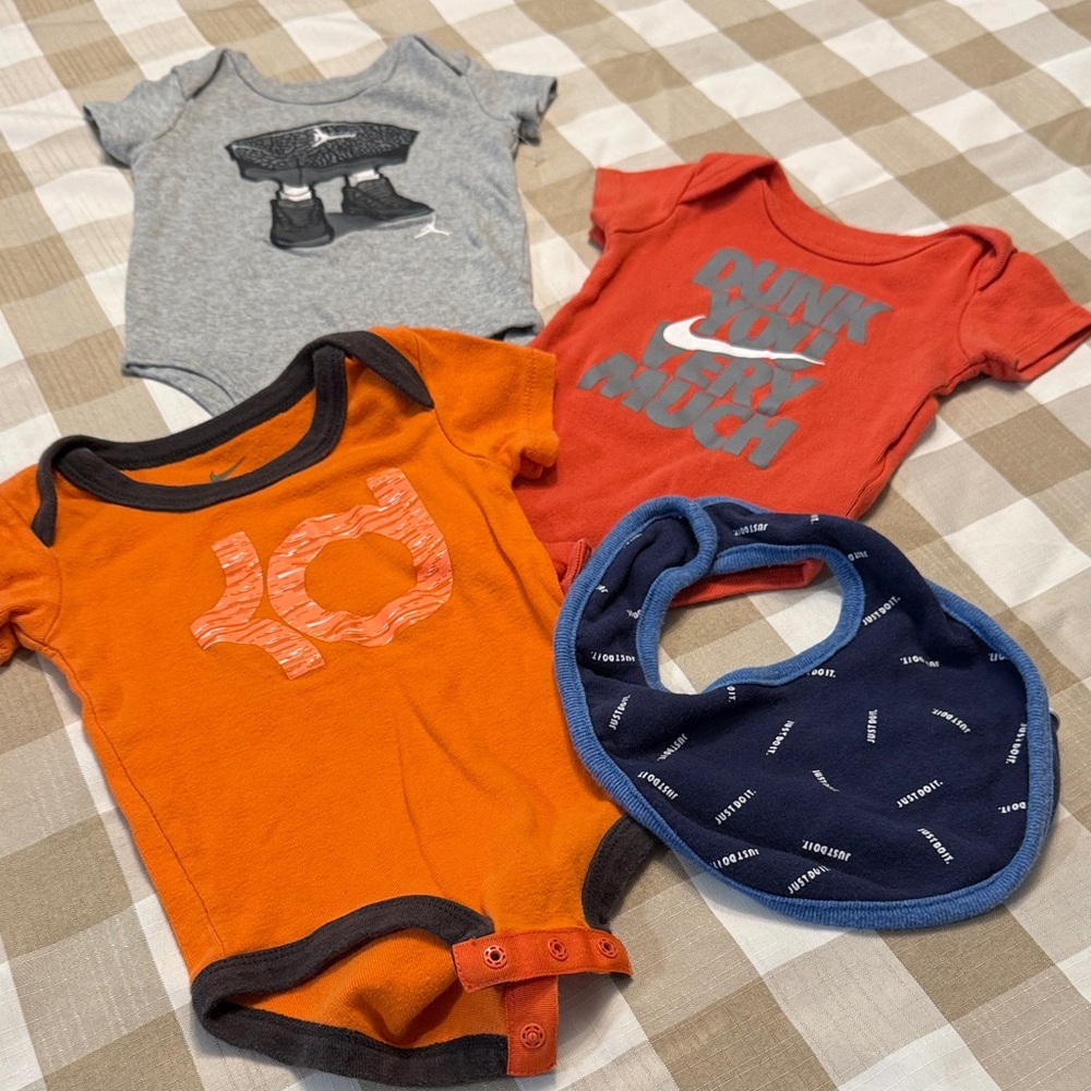 Nike Orange, Gray, and Red Baby Onesies with Blue Bib